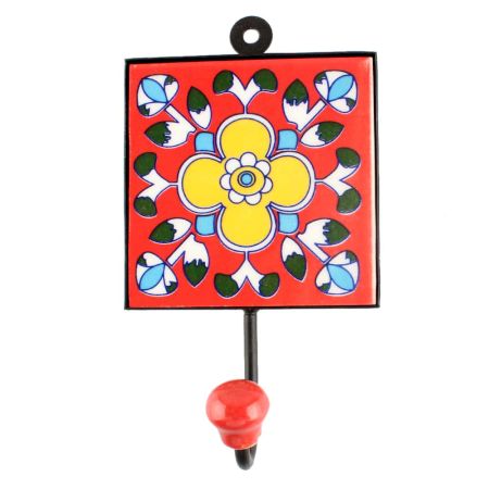 Ceramic Floral Tile Hook in Red